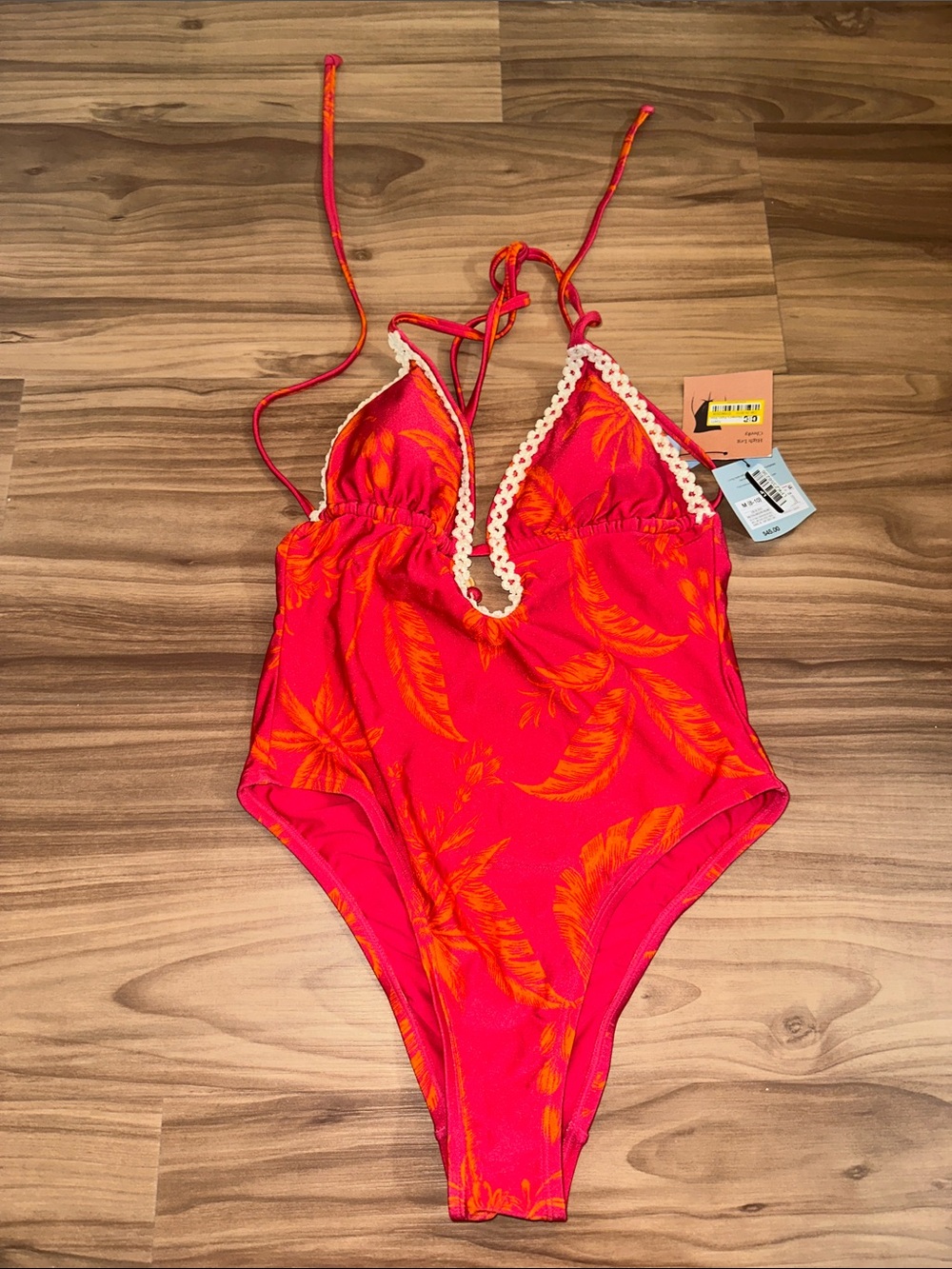 Shade & Shore Pink One-Piece Swimsuit with Orange Leaf Print and Crochet Trim